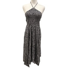 Old Navy Cream Black Fit and Flare Halter Midi Dress Medium Handkerchief Hem