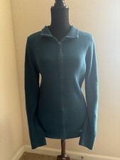 Eddie Bauer Teal Knit Ribbed Full Zip Collared Cardigan Sweater Women's Size L