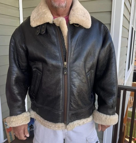 Cabelas Jacket Mens XL Brown Leather Shearling Bomber B-3 Military Outdoor - product listing photo