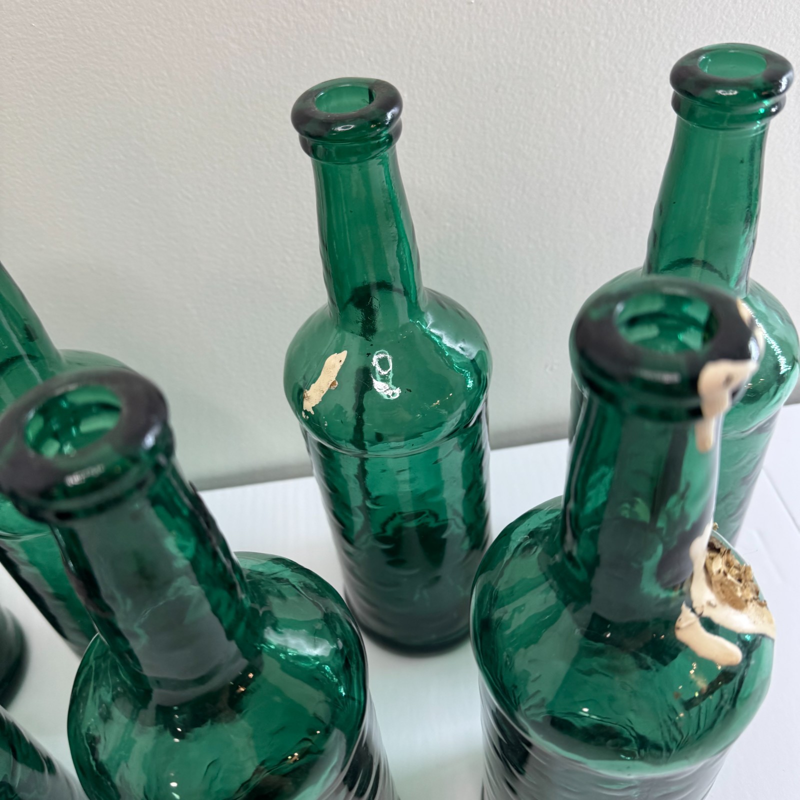 Set of 8 Green Hammered Glass Bottles 10.5” Rustic Decorative Vase Craft Lot