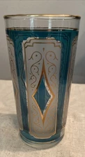 Libbey Mid-Century Modern Emerald Blue & Gold Diamond Scroll Glasses 5.5" tall