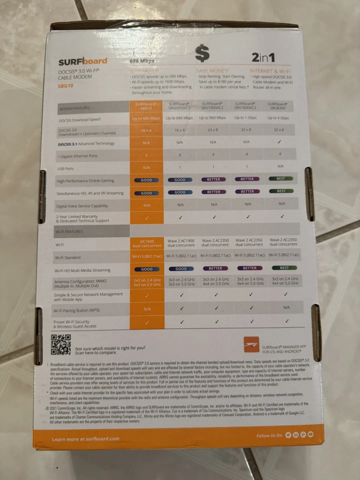 ARRIS SURFboard SBG10 DOCSIS 3.0 16 x 4 Gigabit Cable Modem & AC1600 Wi-Fi 5 G2 - Image 2 of 2