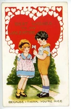 Vintage Postcard Valentine Girl Boy "Because I Think You're Nice" Whitney