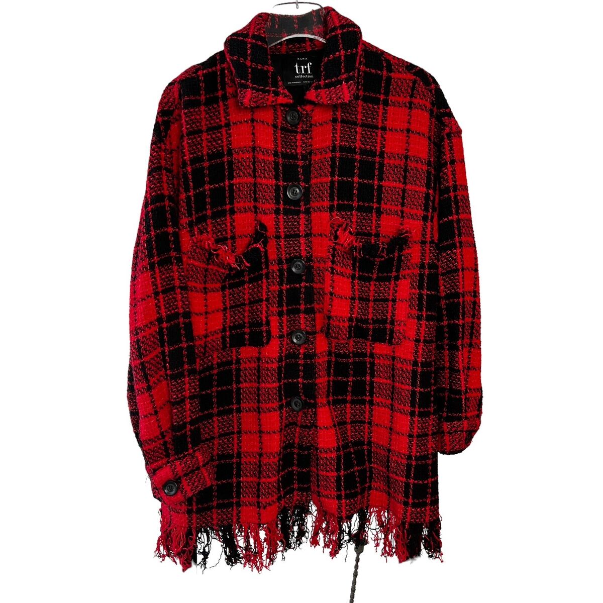 ZARA Red Black Plaid Tweed Fringe Oversized Shacket ZARA Red Black Plaid Tweed Fringe Oversized Shacket