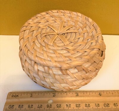 Miniature Woven Basket Handmade with Lid Boho Trinket Keeper Box 4''W x 2'' H
