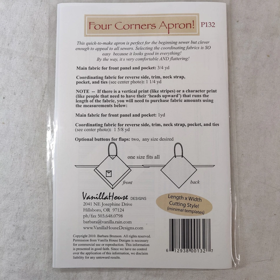 FOUR CORNERS APRON! Full or Half Sized Quilted Creative Clothing Project P132 - Image 4 of 4