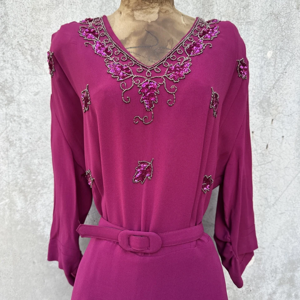 Vintage 1940s Purple Crepe Sequin Maxi Dress Beaded Art Deco Long Sleeve Gown - Image 3 of 4