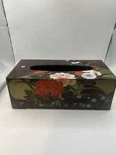 Nakalani Brothers Lacquered Tissue Box Cover Black W/flowers 10”x5”x4” Approx.