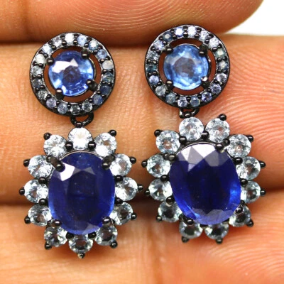 925 Sterling Silber 7 X 8 Mm. Blaue Saphir & Himmelblaue Topas Ohrringe - Bild 1 von 4