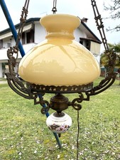 Lampadario Antico  Ceramica Vetro Ottone Elettrizzato