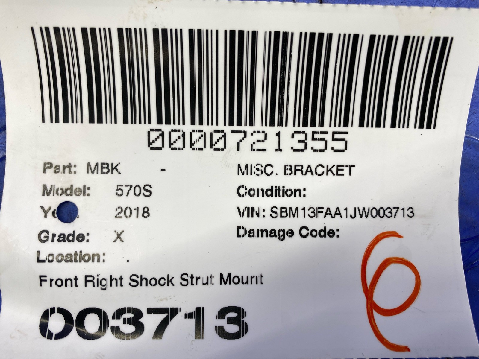 2016-2021 Mclaren 570s Front Right Shock Strut Mount Support Bracket 11A7143CP