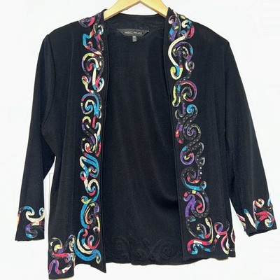 MING WANG Black Knit Jacket Blazer Art Scroll 3/4 Sleeve Size XS Career