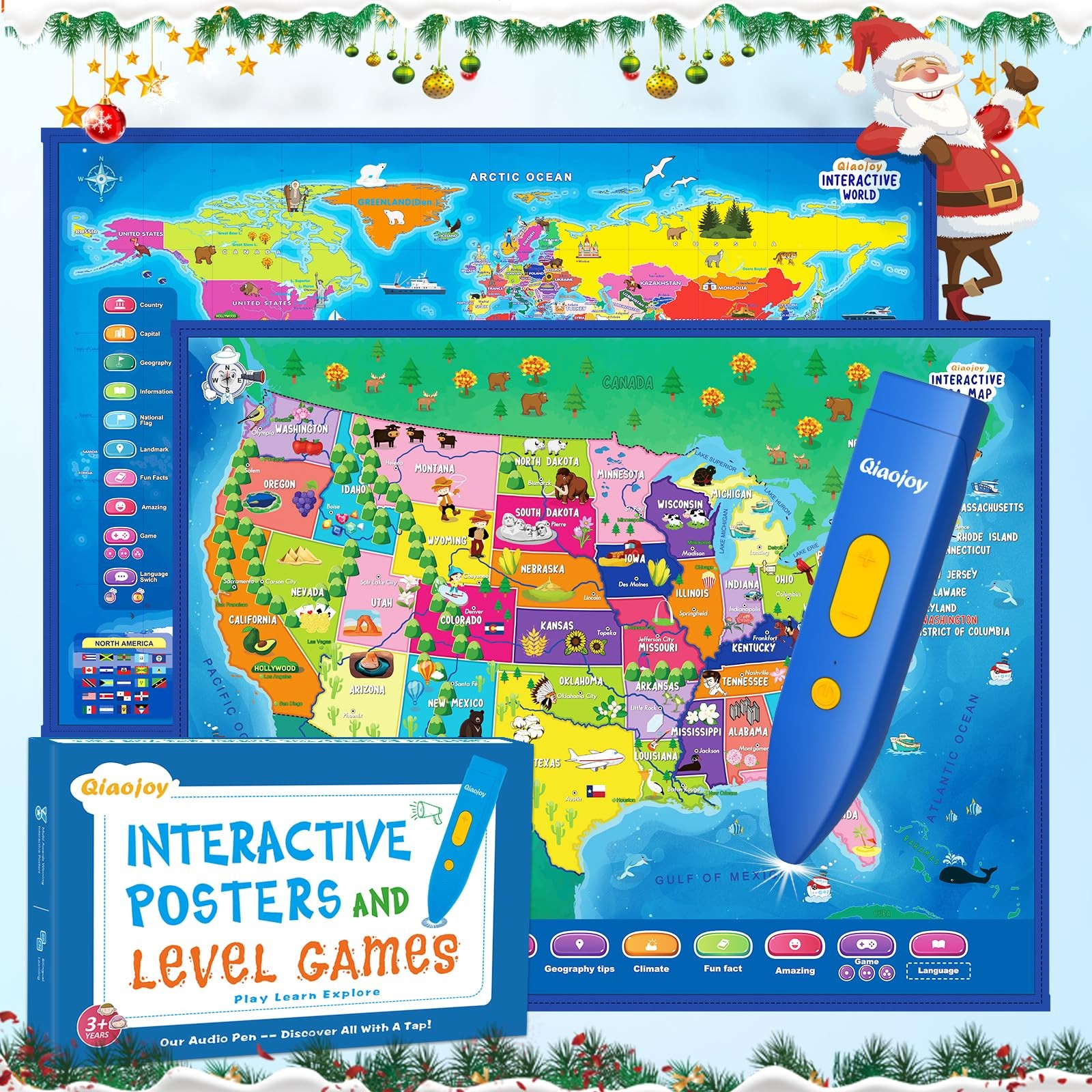 Qiaojoy Bilingual Interactive for Kids Talking USA Map World Map for Kids Lea...