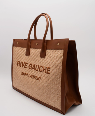 SAINT LAURENT 'Rive Gauche' Embroidered Raffia & Leather Tote Bag