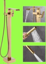 Brushed Gold Waterfall Free Standing Tub Faucet with Handheld Sprayer