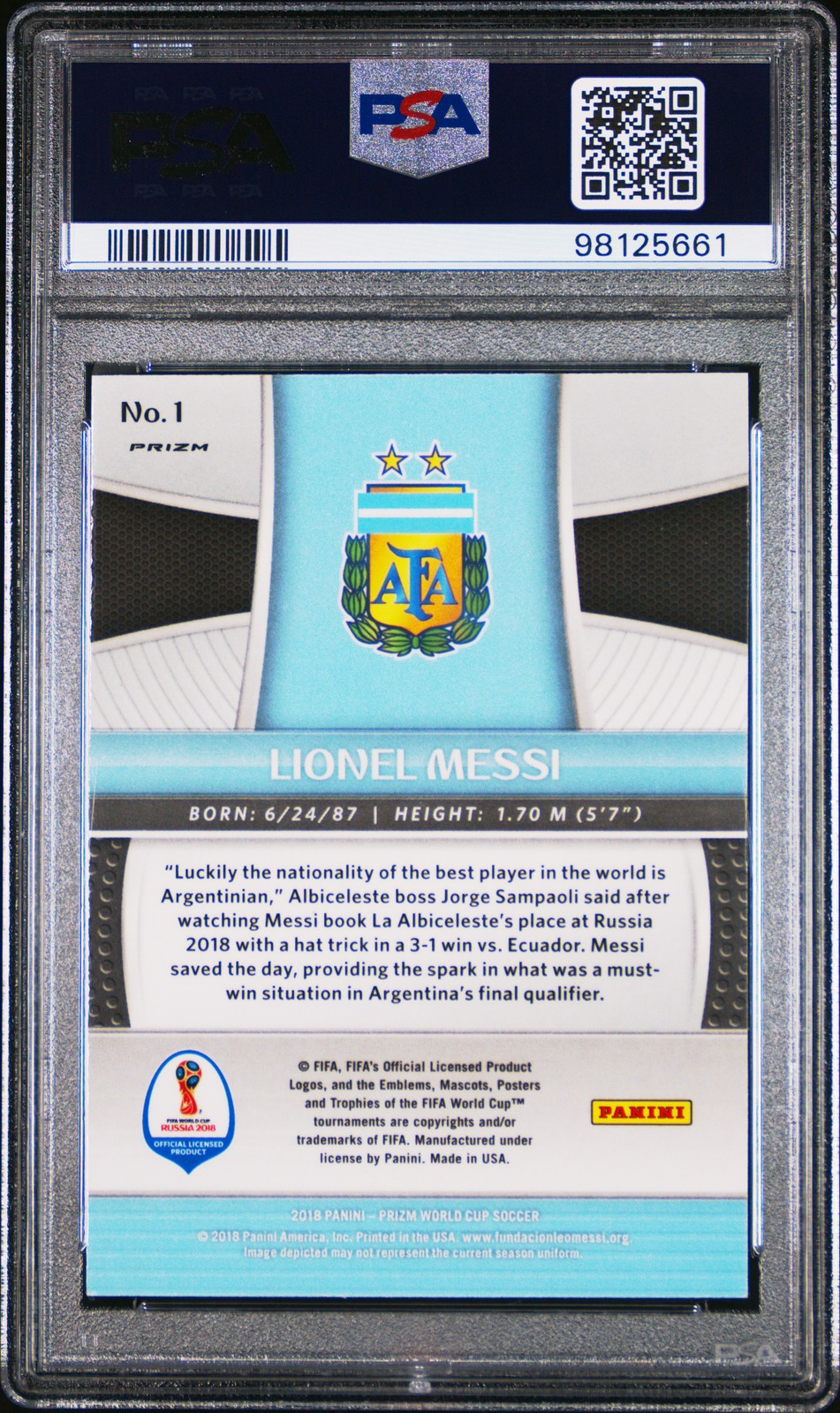 2018 PANINI PRIZM WORLD CUP LAZER PRIZM #1 LIONEL MESSI PSA 10 view 2