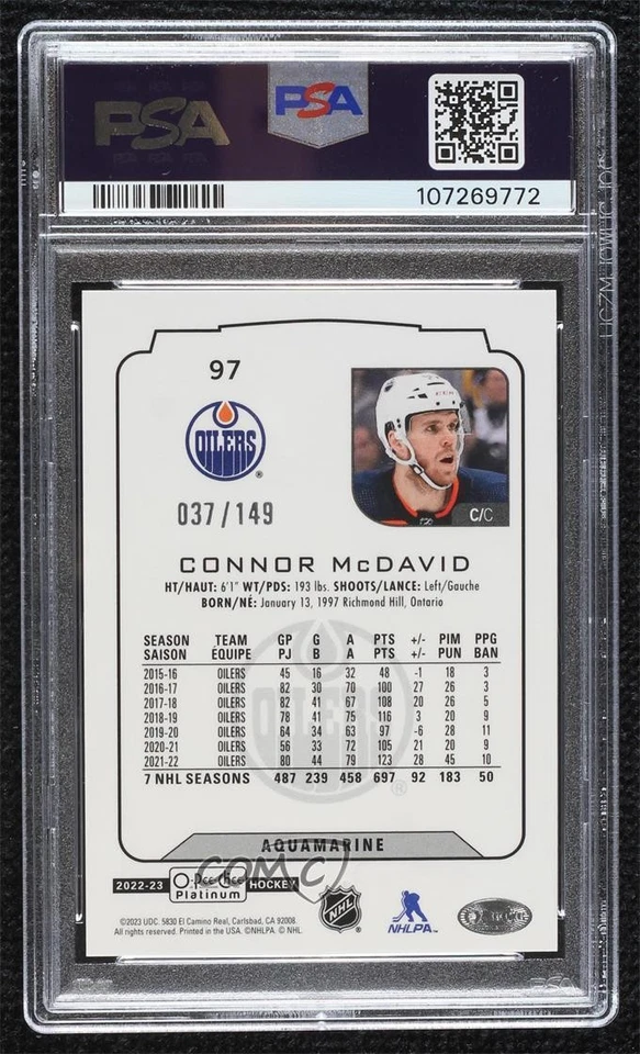 2022-23 O-Pee-Chee Platinum Aquamarine /149 Connor McDavid #97 PSA 9 MINT - Image 2 of 2