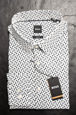 Hugo Boss Men Hank Kent Slim Fit Black/White Stretch Cotton Dress Shirt 42 16.5