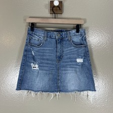 Y2K Vintage Aeropostale Denim Mini Skirt Women's Size 6 Blue Distressed Raw Hem