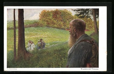 Artist postcard Ludwig Fahrenkrog: hiking and dreaming, hiker looks for walk 