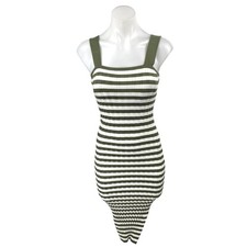 Fashion Green White Striped Knit Sleeveless Midi Bodycon Sweater Tank Dress XS