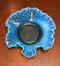 FENTON HOBNAIL GLASS BLUE/AQUA OPALESCENT RUFFLED EDGE 6" CANDY/BONBON DISH-EC