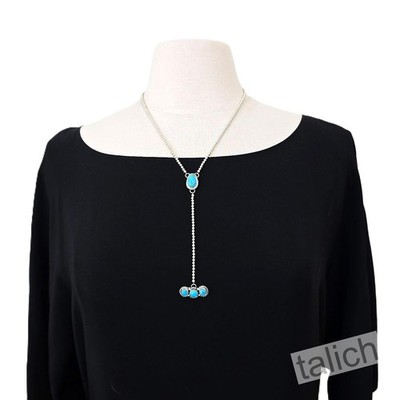 Native American Handmade Shiny Sterling Silver Beads Blue Turquoise Y Necklace