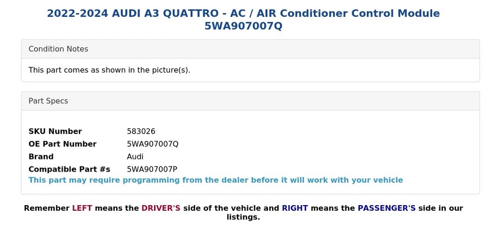 2022-2024 AUDI A3 QUATTRO - AC / AIR Conditioner Control Module 5WA907007Q - Image 3 of 4