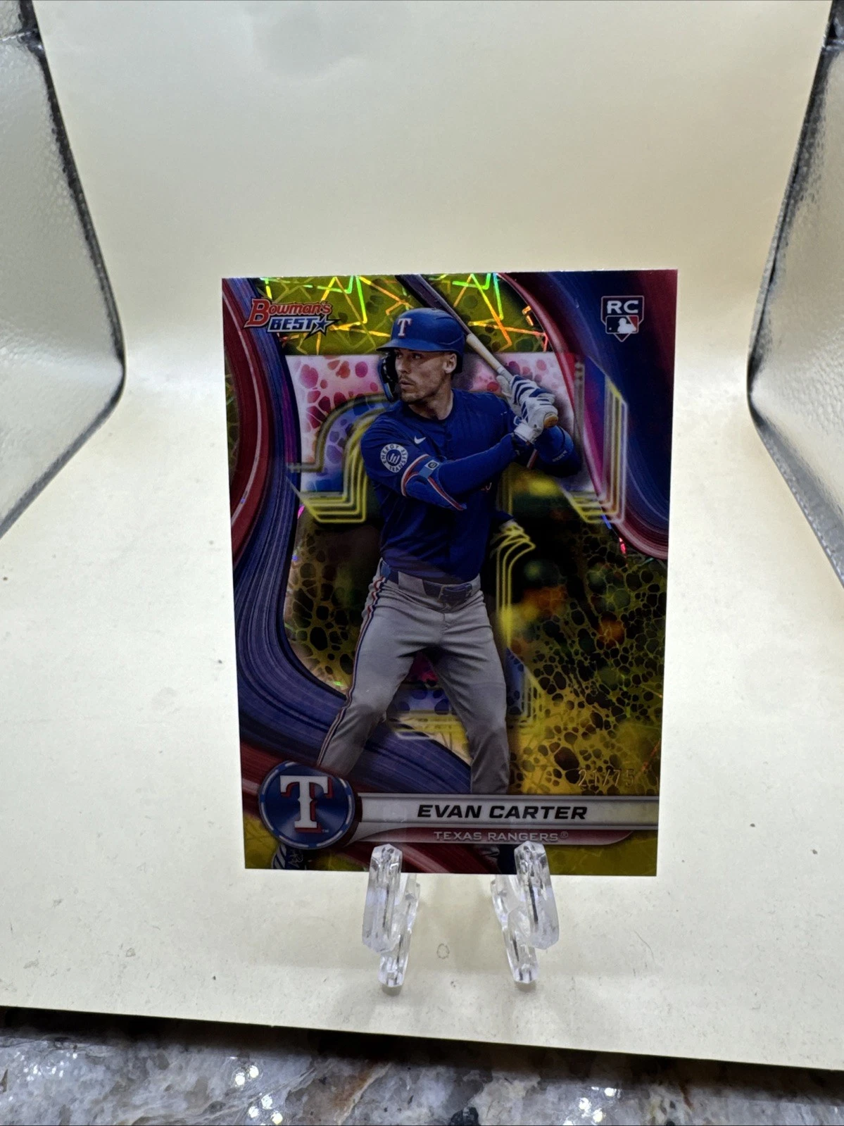EVAN CARTER (RC) 2024 Bowman’s Best Yellow Lazer Refractor #/75 #66 - Rangers