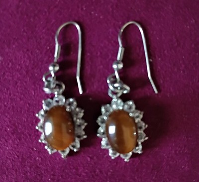 925 Silver Tiger Eye Earrings  W/Diamond Accent