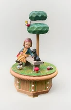 Vintage Wood Anri Thorens Swiss Movement Music Box Girl Schnauzer Dog Love Story