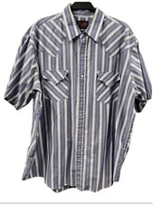 Plains Western Wear Mens Shirt XL Blue White Striped Pearl Snap Closure Work VTG
