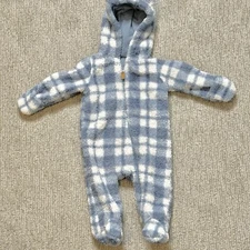Carters Baby 6 Months Hooded Sherpa Bunting Pram Blue Plaid Zipper Closure