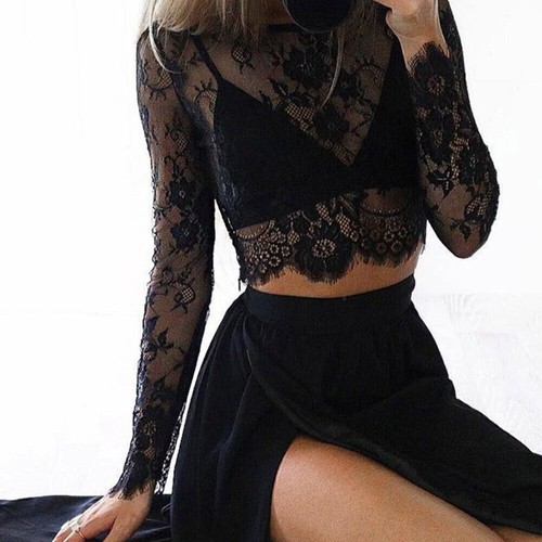 Damen Spitze Netz durchsichtig durchsichtig Langarm Crop Tops kurze Bluse T-Shirt* - Bild 7 von 17