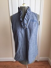 Mud Pie Sz S 4 6Embroidered Shift Tunic Shirt blue Sleeveless ruffle vneck paris