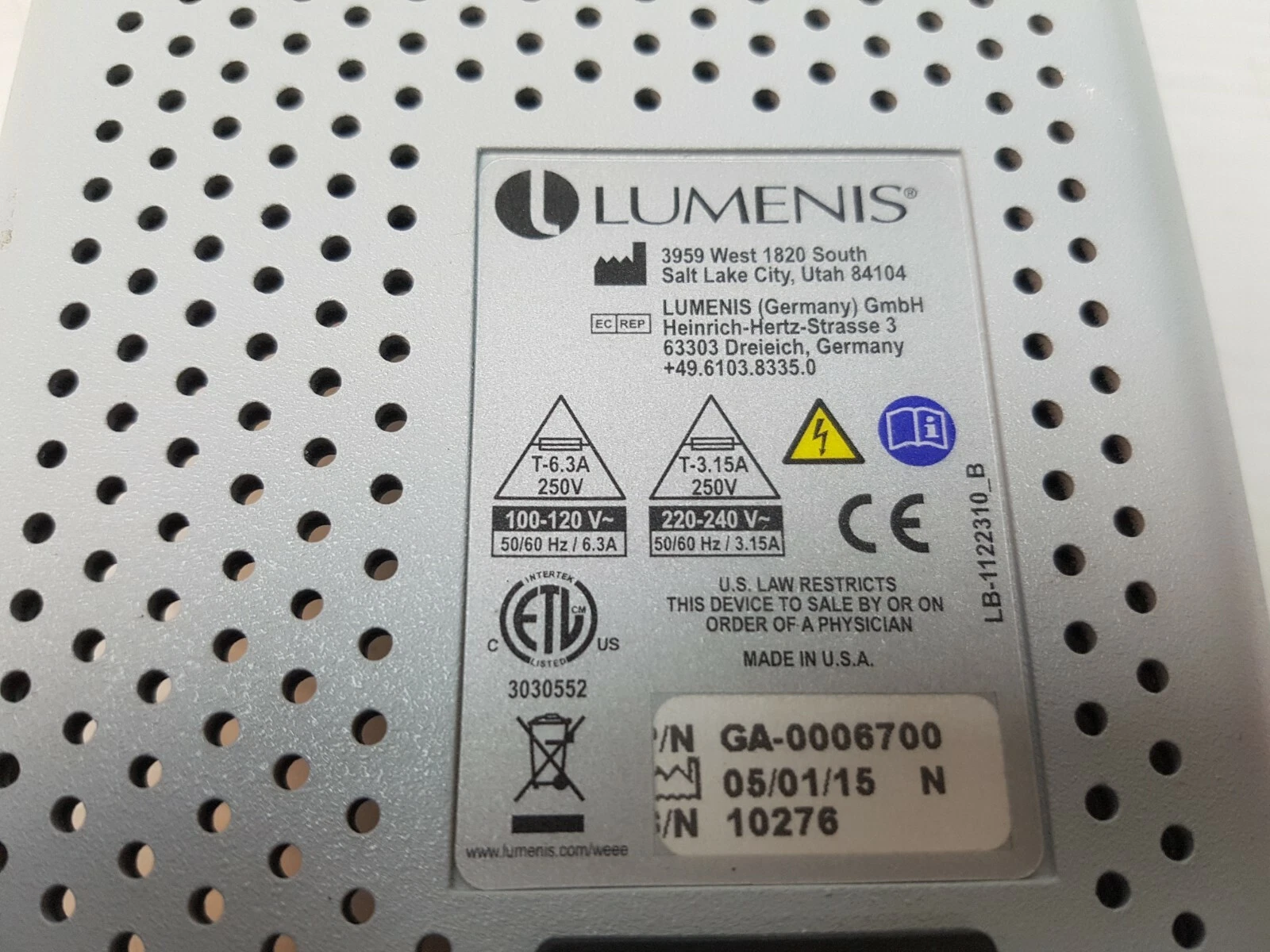Rating label of Lumenis unit P/N GA-0006700, made in U.S.A.
