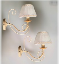 Applique 2pz Paralume In Stoffa e ferro battuto avorio oro shabby chic Da Parete