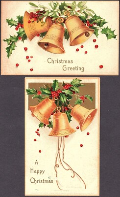 2 CARDS - Signed Clapsaddle u. 1908, Christmas Bells, Series #1000