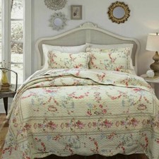 NEW COZY COTTAGE IVORY RED PINK ROSE BLUE GREEN VINE VINTAGE FLORAL QUILT SET
