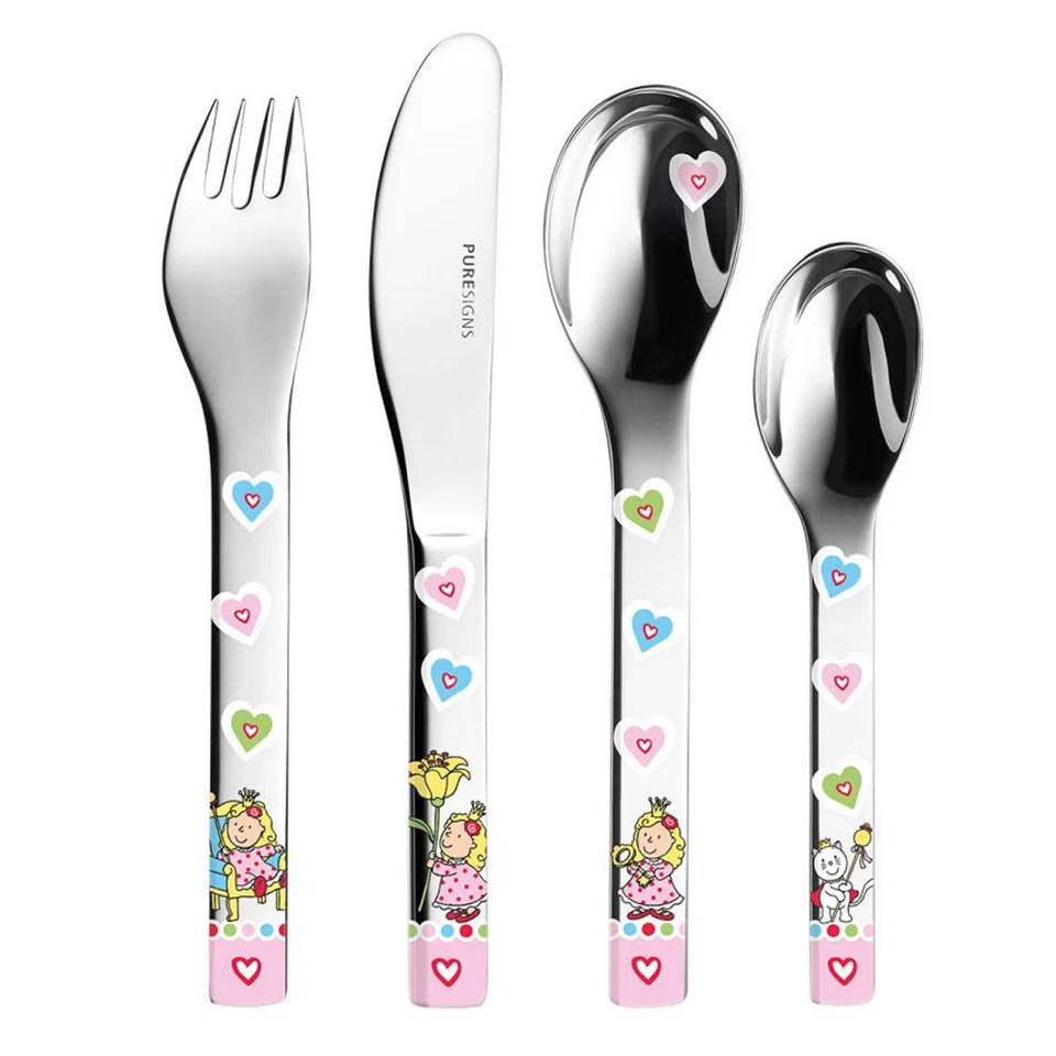 Kinderbesteck NELIA Mädchen rosa Kleid und Herzen mit Gravur personalisiert