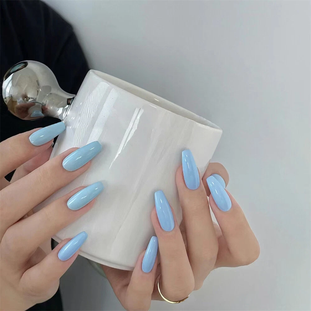 Light Blue False Nail Coffin Short Press on Nails for Nail Art Decor 24pcs