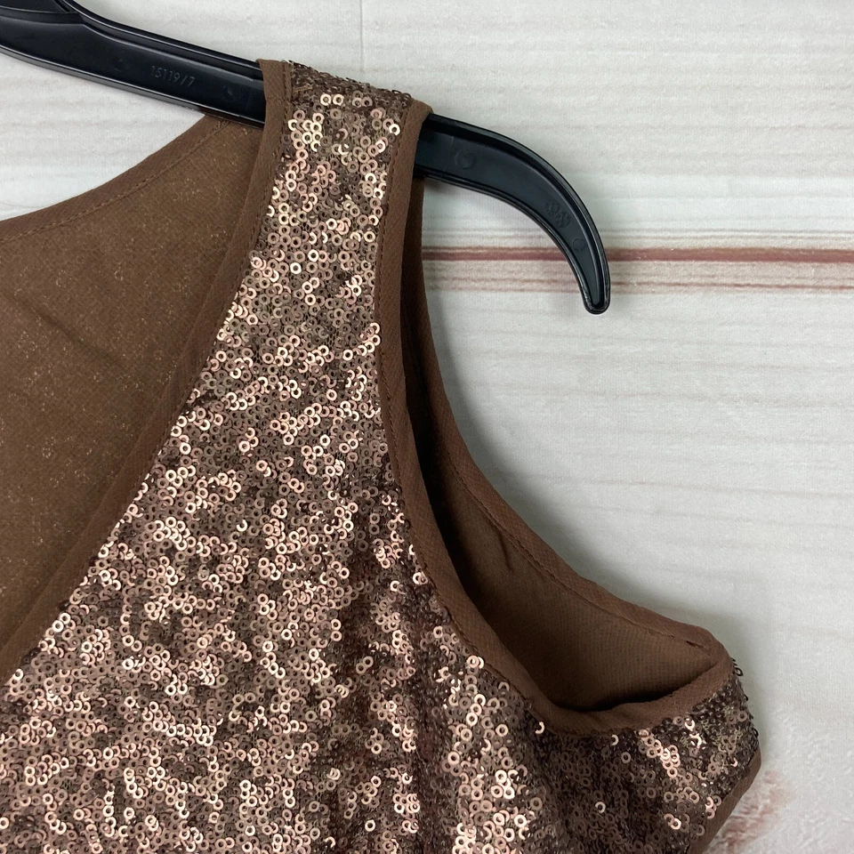 Jeans By Buffalo Top Women S Brown Sequin Tank V-Neck Cold Shoulder Short Sleeve - Image 3 of 4
