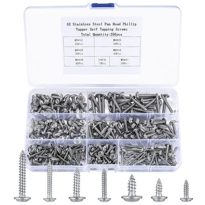 VARHHUXHA 250 Pcs M3 M4 M5 Self Tapping Screws for Wood, Silver Pan Wafer Head Self Drill