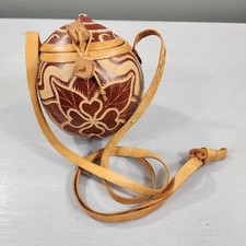 Handmade Coconut Shell Leather Crossbody Purse Carved with Floral Design Vtg