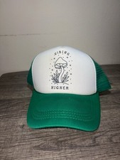 Vibing Higher Mushroom Graphic Trucker Hat. Green Brim and Mesh Backing Cap