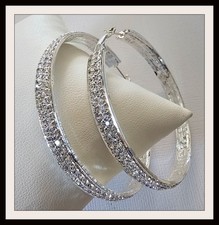 Crystal Hoop Earrings 2.5" Diameter Silver Double Line Hoops