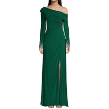 Mac Duggal Emerald Green Beaded Cuff Drop Shoulder Faux Wrap Gown Sz 6 Dress NWT