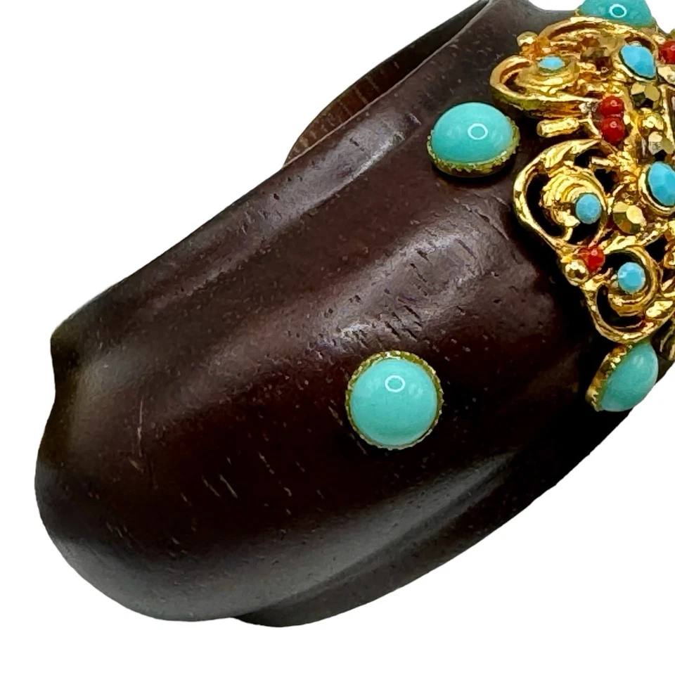 Brazalete Madera Barrera Vintage Filigrana Dorada Turquesa Cabujón Ojo de Tigre Foto 3 de 4