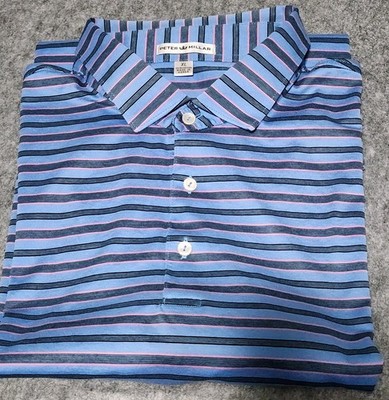 Peter Millar Polo Shirt Men's XL Golf S/S Blue Black Striped Lightweight *Read