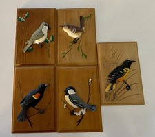Five 1960s Handcarved wood 3D Folk Art Bird Wall Plaques Jonathan Jones Artist